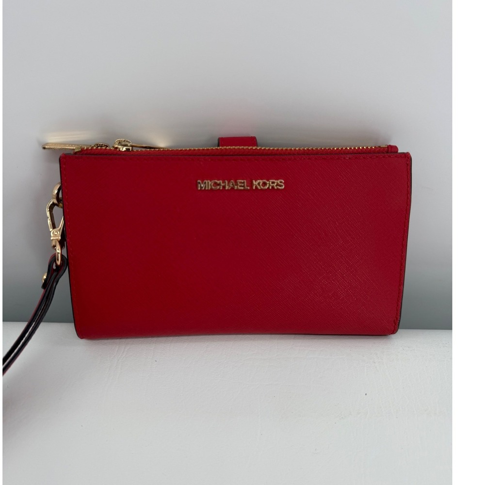 Michael Kors Jet Set Double Zip Wristlet Red Saffiano Leather Wallet